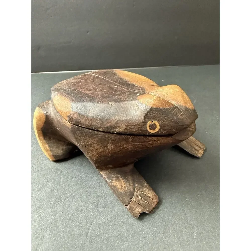 Handcarved Wooden Frog Trinket Box Stash Box Handcrafted Boho Artisan Whimsy MCM